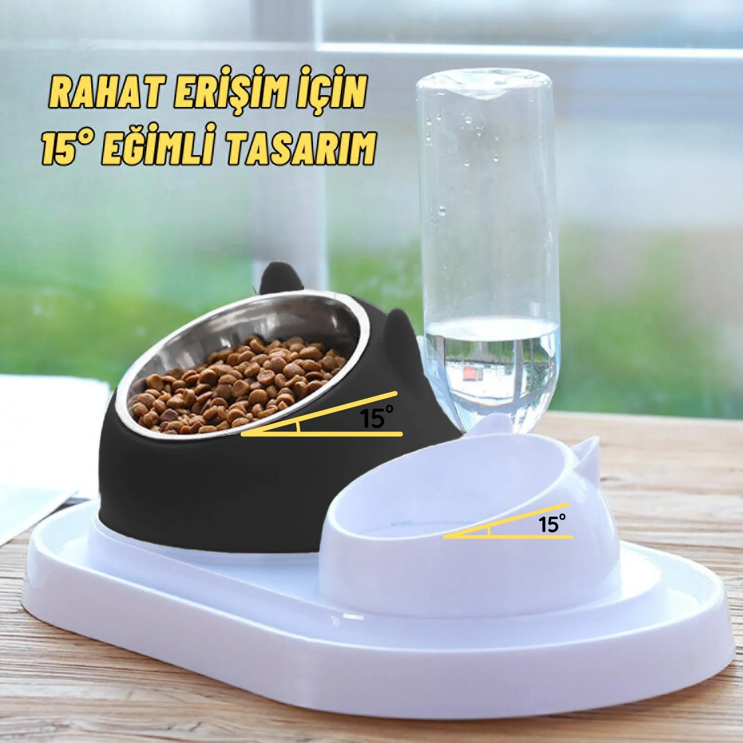 Kedi ve Köpek Mama ve Su Kabı Çelik Taslı Su Doldurma Özellikli SİYAH - görsel 4