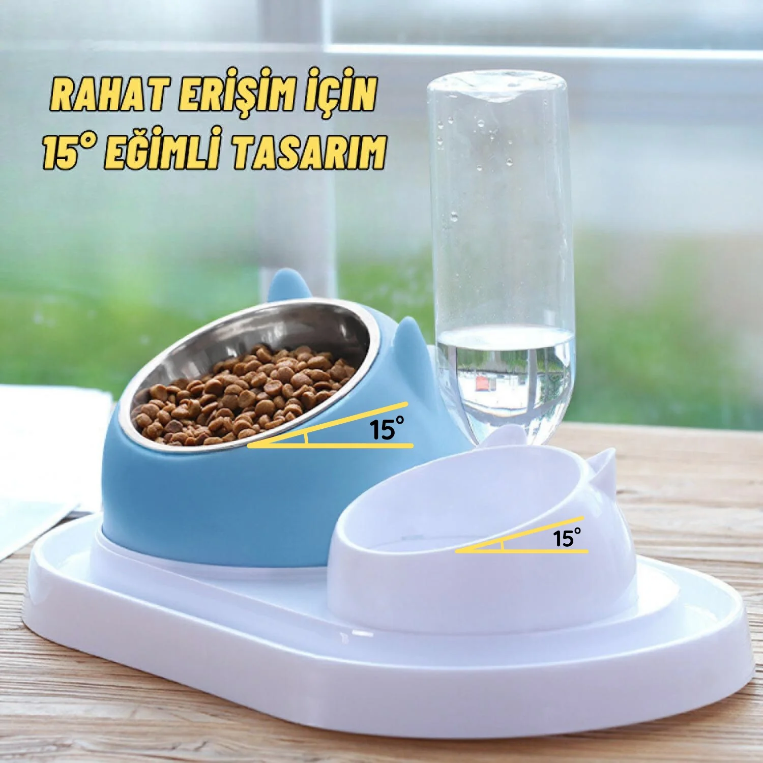 Kedi ve Köpek Mama ve Su Kabı Çelik Taslı Su Doldurma Özellikli MAVİ - görsel 4