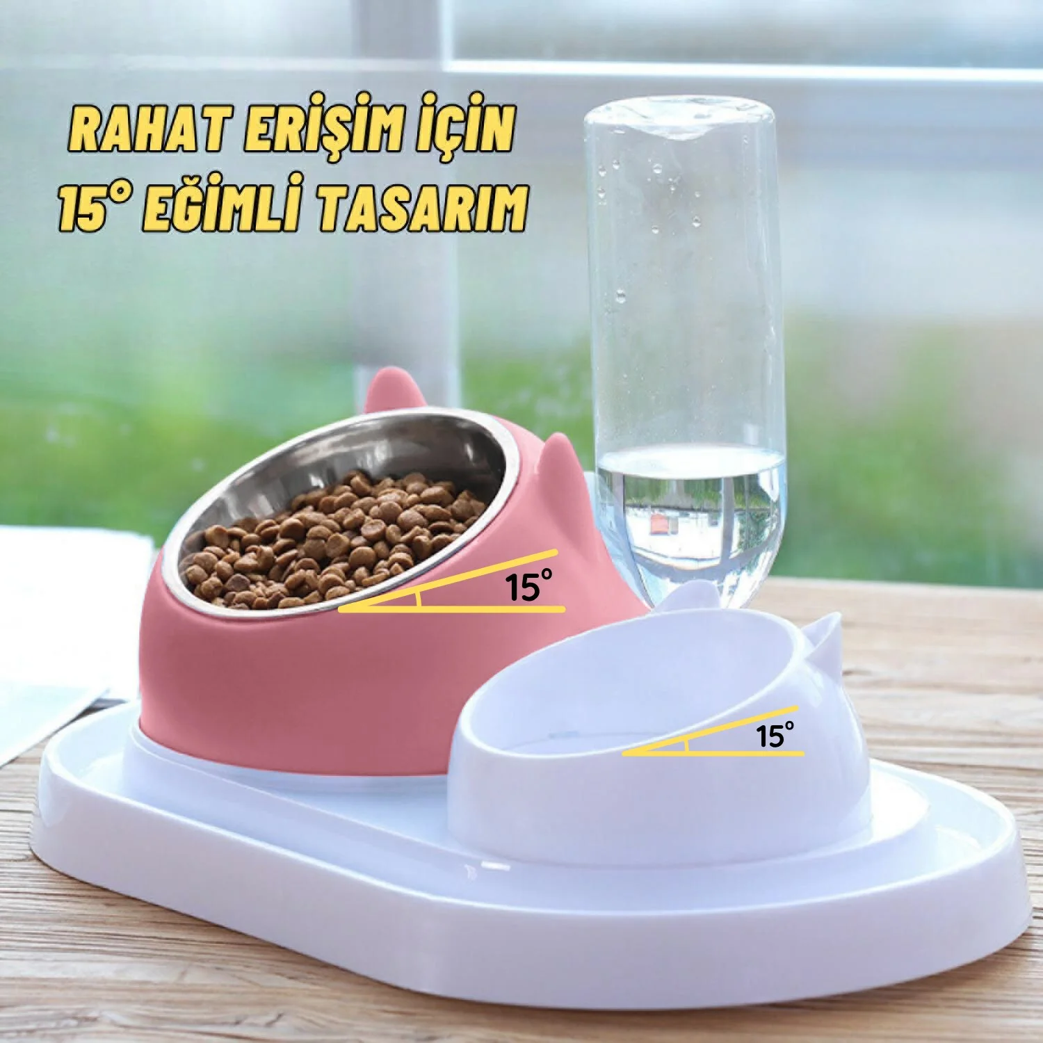 Kedi ve Köpek Mama ve Su Kabı Çelik Taslı Su Doldurma Özellikli PEMBE - görsel 4