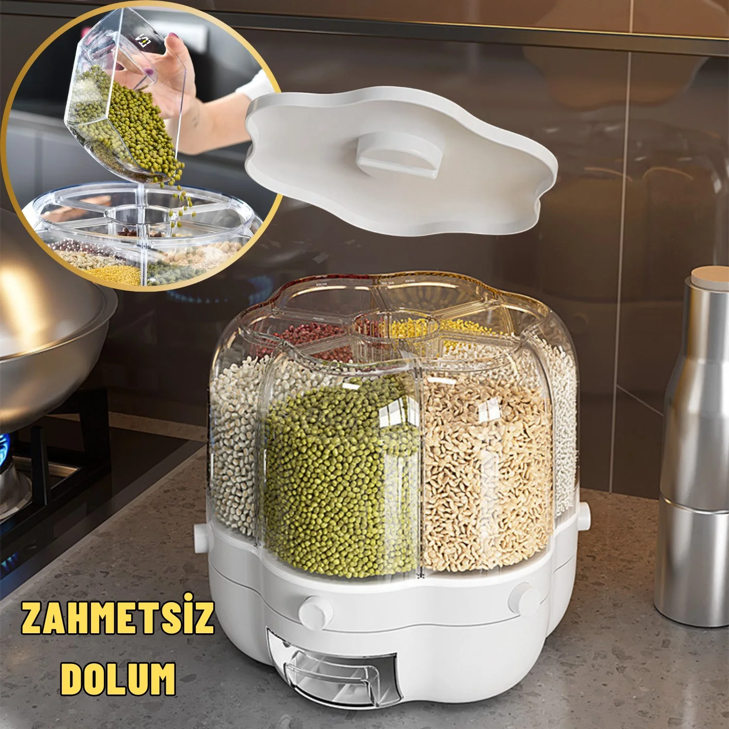 Kuru Gıda Bakliyat Saklama Kabı 6 Bölmeli Dönebilen Kuru Gıda Organizeri - görsel 4