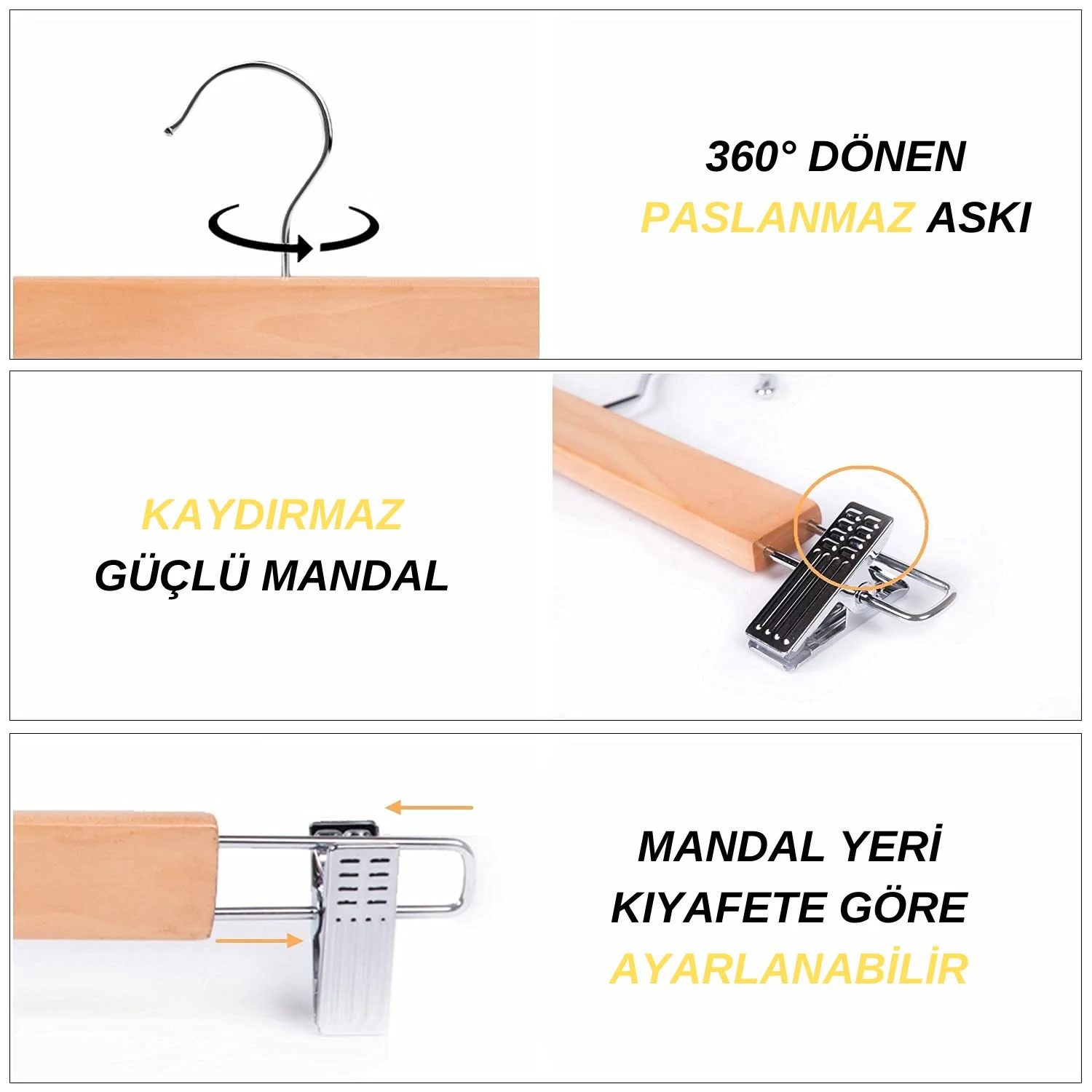 Ahşap Etek Pantolon Askısı Mandallı Lüks Elbise Askılık Vernikli NATUREL 10 Adet - görsel 6
