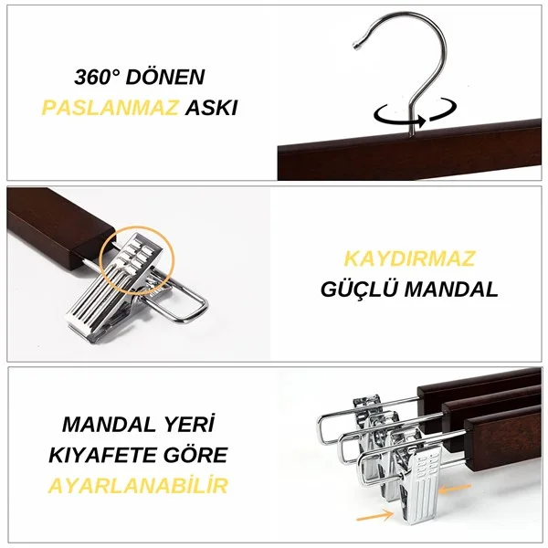 Ahşap Etek Pantolon Askısı Mandallı Lüks Elbise Askılık Vernikli AHŞAP 50 Adet - görsel 5