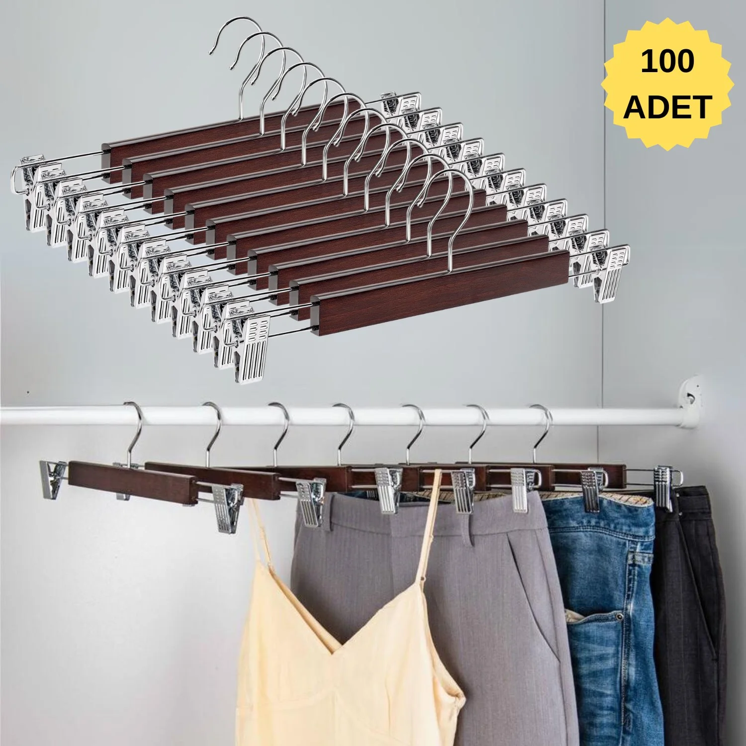 Ahşap Etek Pantolon Askısı Mandallı Lüks Elbise Askılık Vernikli AHŞAP 100 Adet