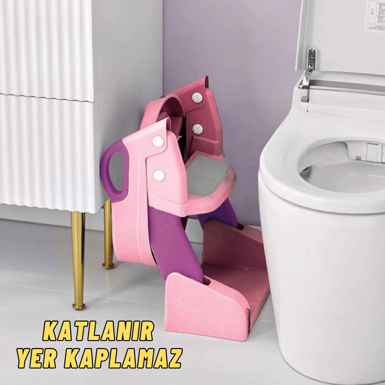 Çocuk Tuvalet Eğitimi Katlanır Klozet Adaptörü Ve Lazımlık Merdivenli Tuvalet Eğitici PEMBE - görsel 5