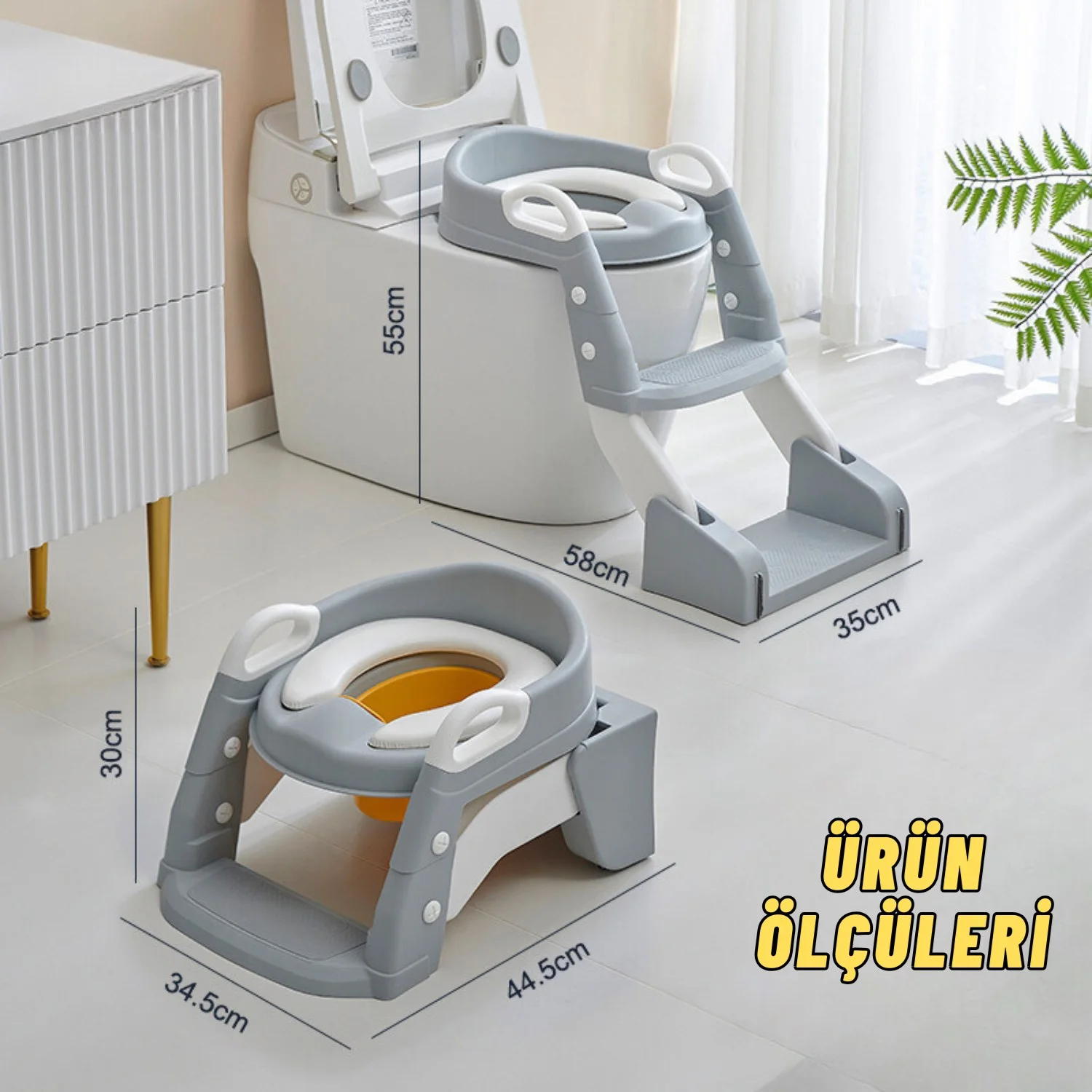 Çocuk Tuvalet Eğitimi Katlanır Klozet Adaptörü Ve Lazımlık Merdivenli Tuvalet Eğitici GRİ - görsel 4