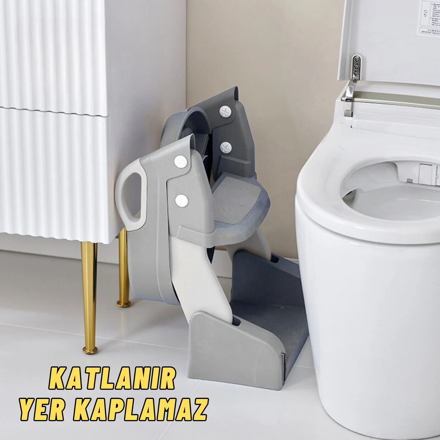 Çocuk Tuvalet Eğitimi Katlanır Klozet Adaptörü Ve Lazımlık Merdivenli Tuvalet Eğitici GRİ - görsel 5