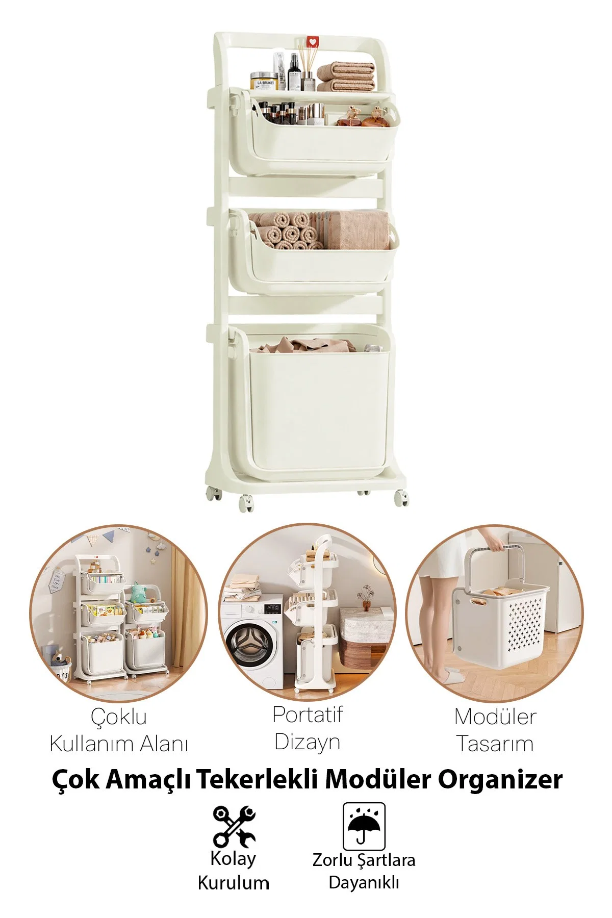 Banyo Mutfak Çocuk Odası Düzenleme Raf Çok Amaçlı Tekerlekli Modüler Organizer Sepet - görsel 2