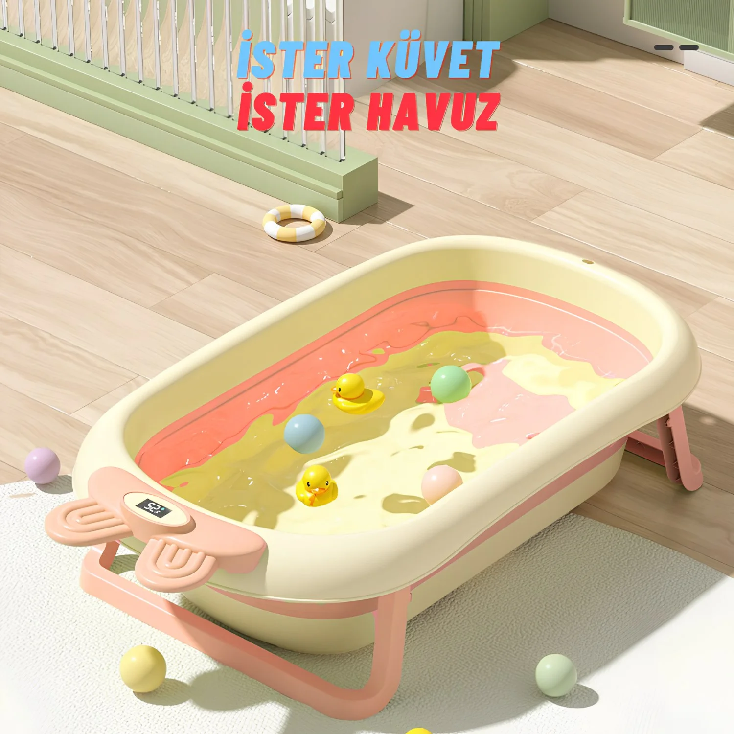 Katlanabilir Termometreli Bebek Küveti Ve Filesi Yazlık Bebek Havuzu PEMBE - görsel 7