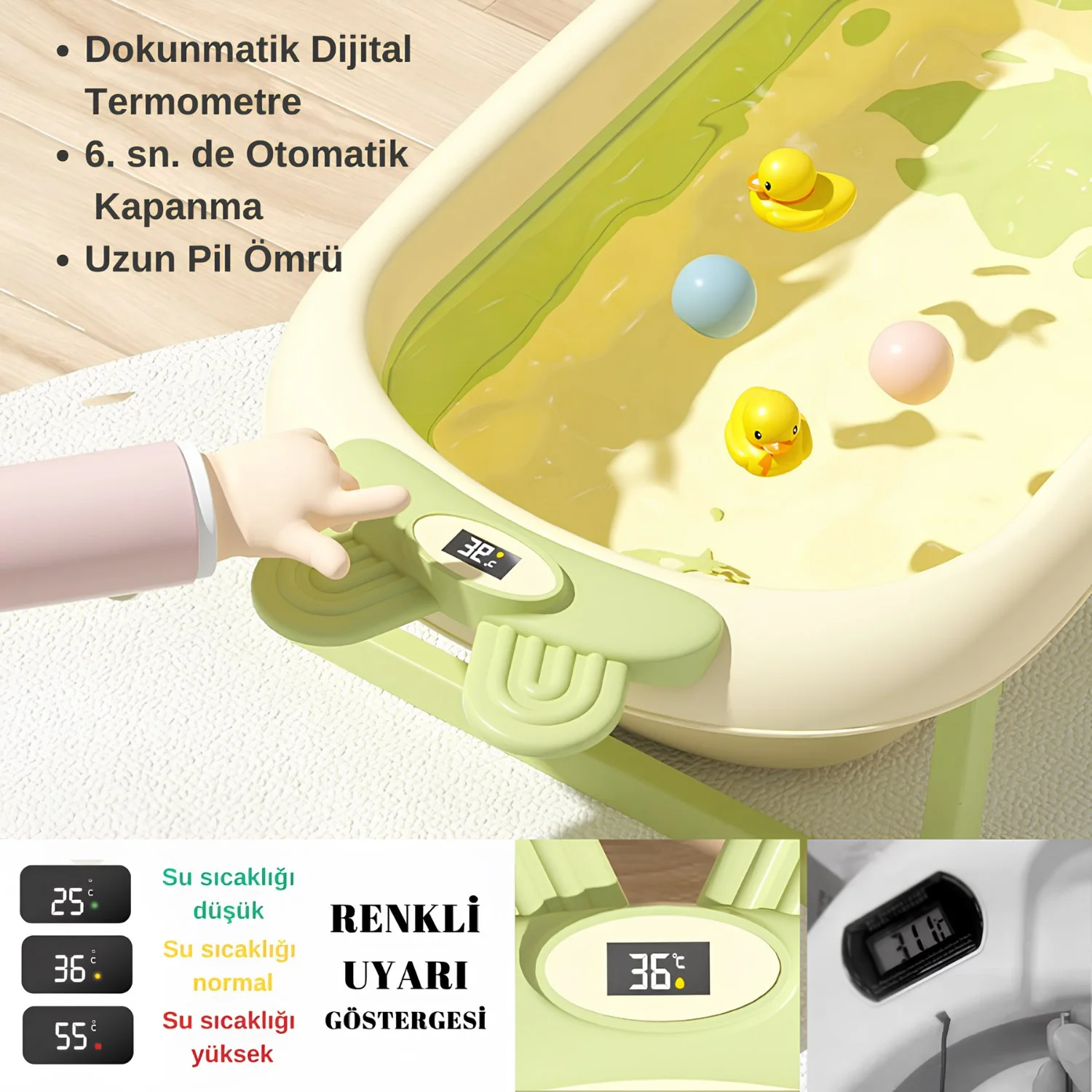 Katlanabilir Termometreli Bebek Küveti Ve Filesi Yazlık Bebek Havuzu YEŞİL - görsel 5