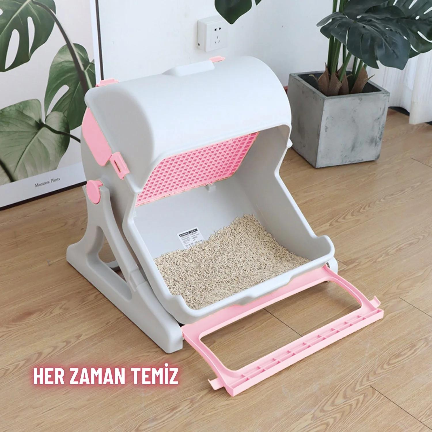 Kedi Tuvaleti Yarı Otomatik Tek Hamlede Kolay Temizlik Hijyenik Kullanım Pratik Kedi Kum Kabı - görsel 3