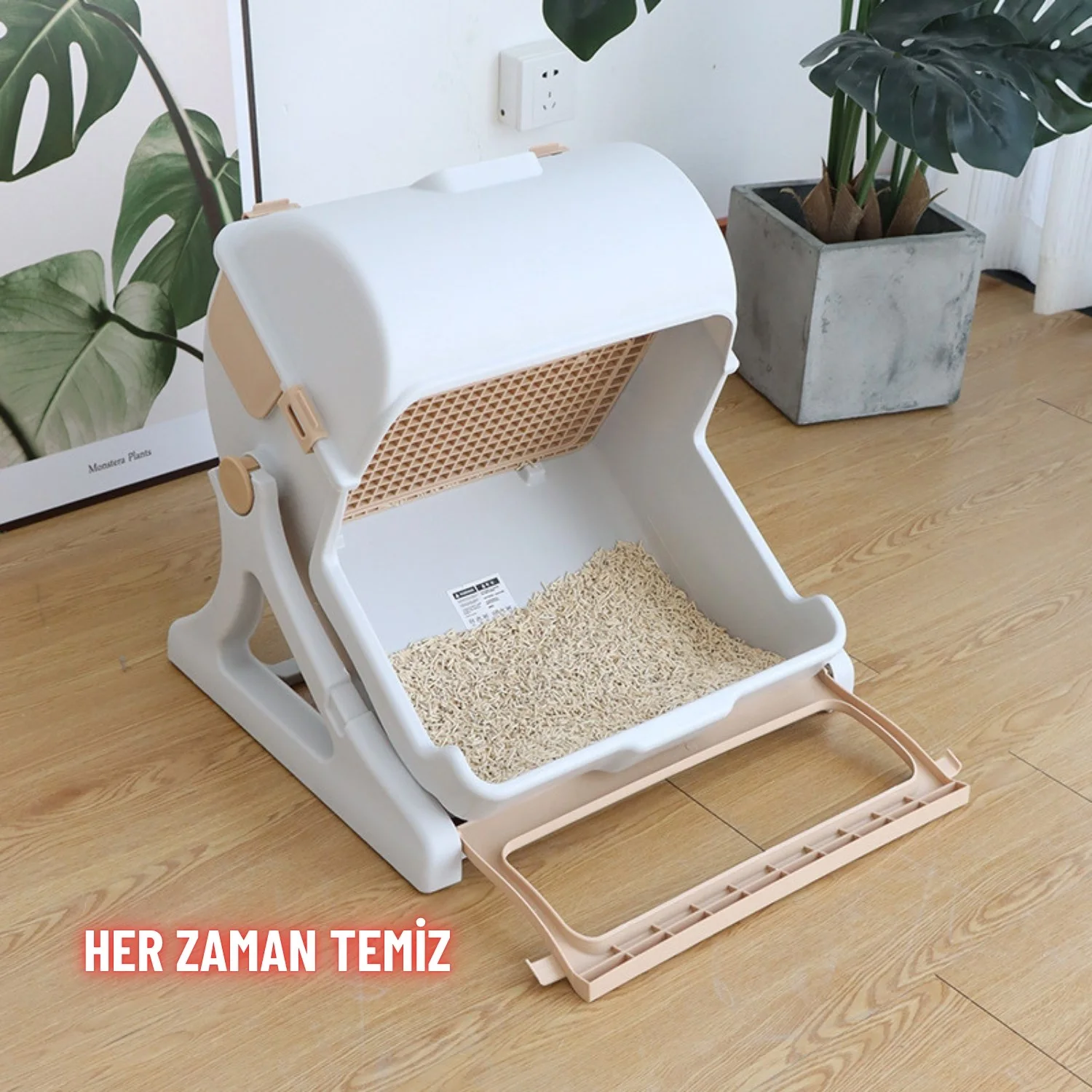 Kedi Tuvaleti Yarı Otomatik Tek Hamlede Kolay Temizlik Hijyenik Kullanım Pratik Kedi Kum Kabı - görsel 3