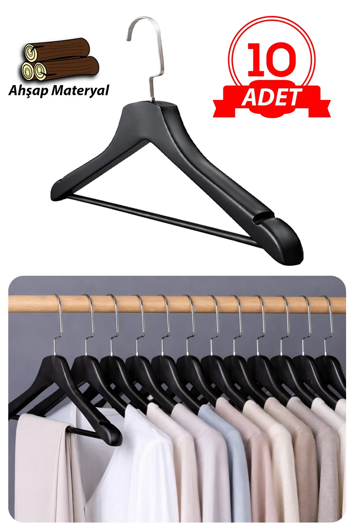 Kalın Ahşap Ceket Gömlek ve Takım Elbise için Lüks Askı 10 ADET 3 cm Kalınlık SİYAH
