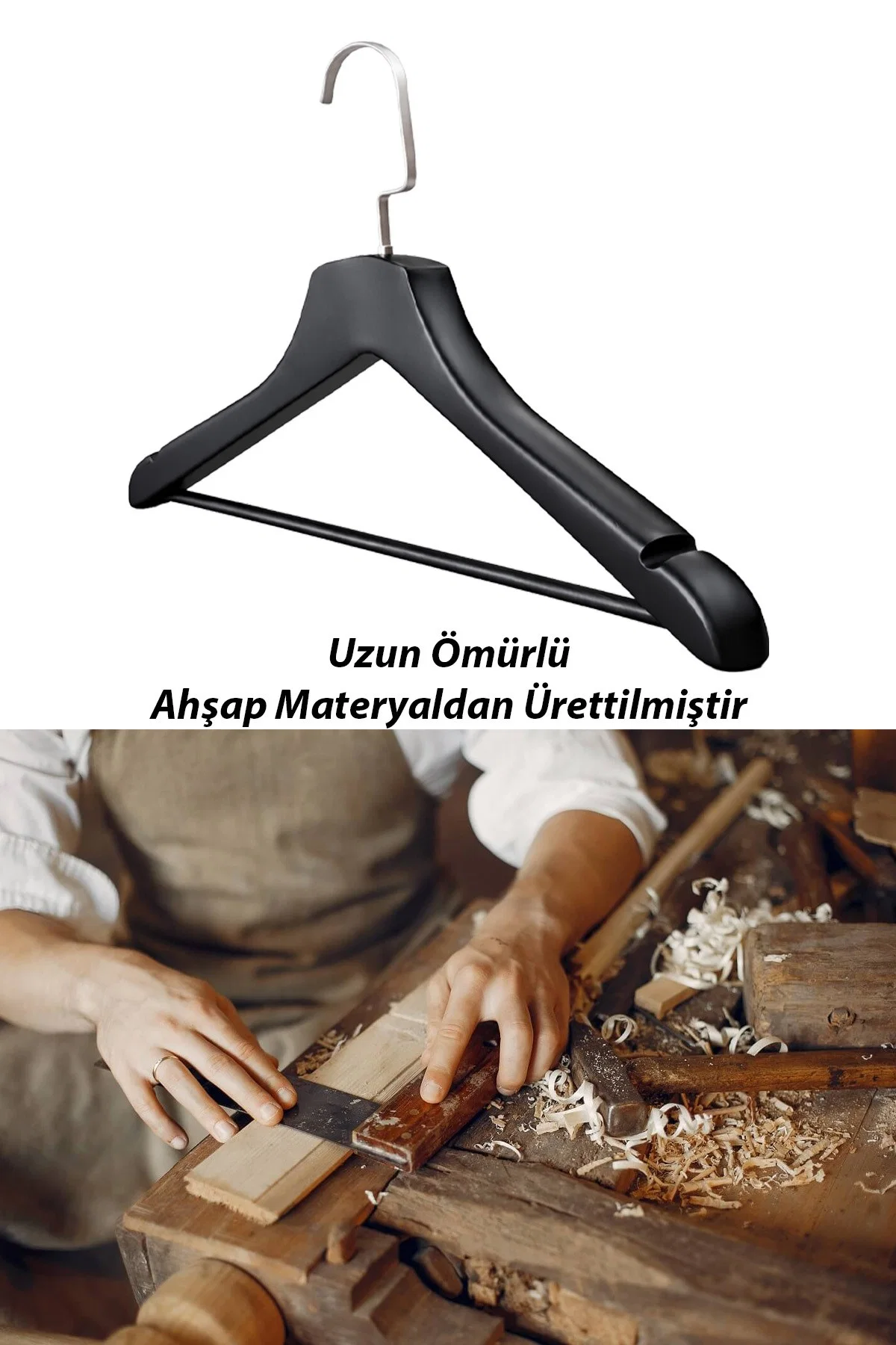 Kalın Ahşap Ceket Gömlek ve Takım Elbise için Lüks Askı 10 ADET 3 cm Kalınlık SİYAH - görsel 3