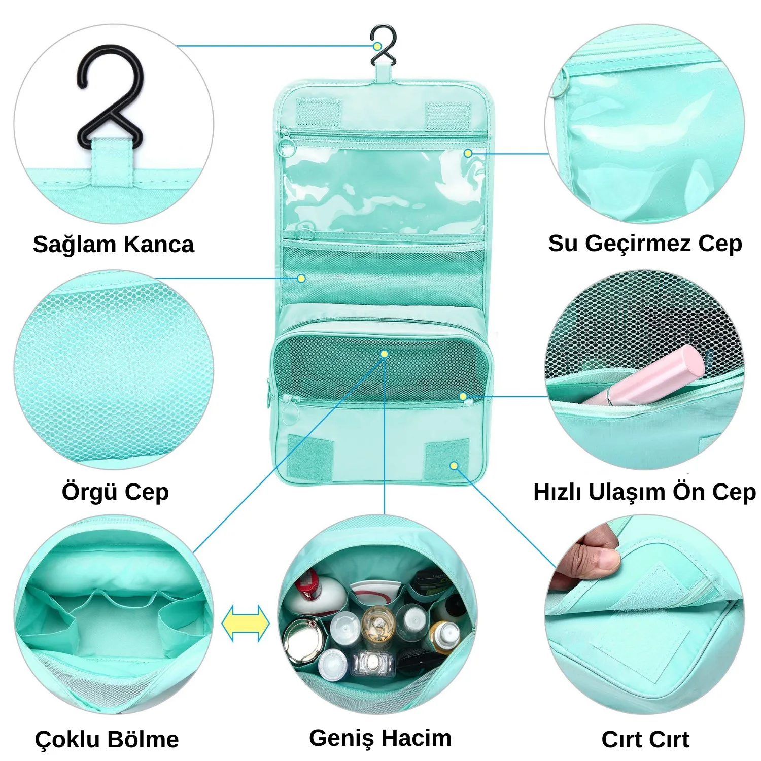 Seyahat Traş Makyaj Kişisel Bakım Kozmetik Ürünleri Çok Bölmeli Organizer Çanta - görsel 5